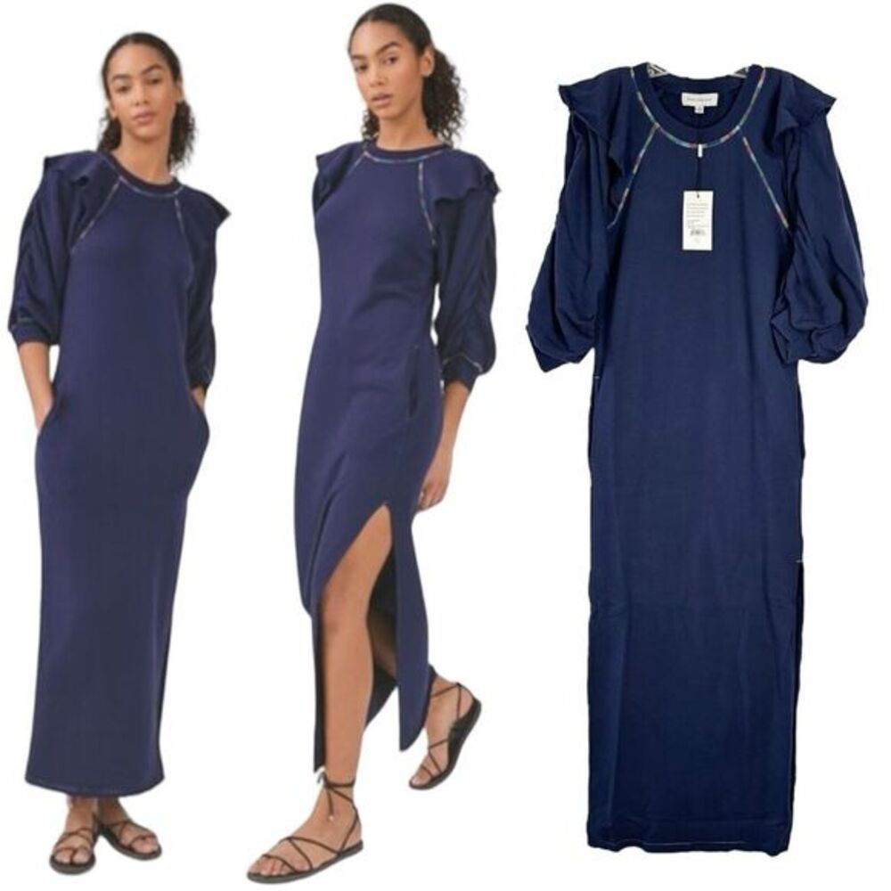 Something Navy Navy Maxi Dress with Puff Sleeves and Side Slit